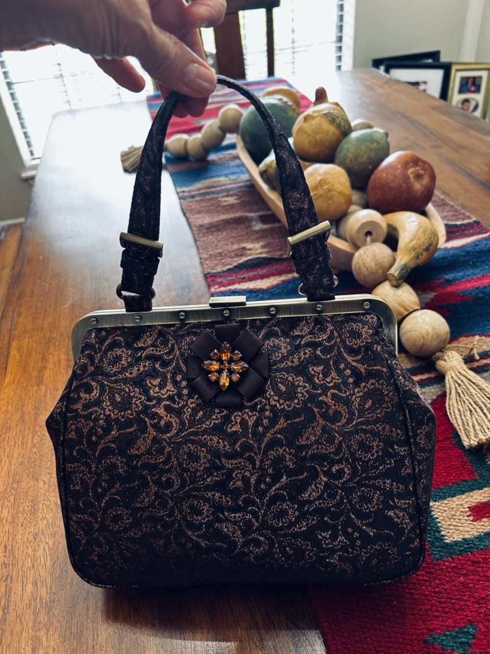 Nine West Brown Brocade Clutch with Crystal Flower Accent